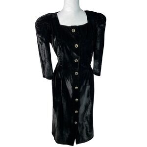 Vintage David Mitchell Black Velvet Button Front Puff Sleeve Midi DressSize 9 10